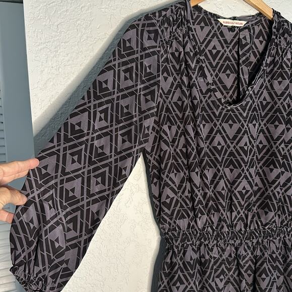 Rebecca Taylor 100% Silk Geo Dress Long Sleeve Gray Cut Out Preppy Goth Vacation - Picture 6 of 9